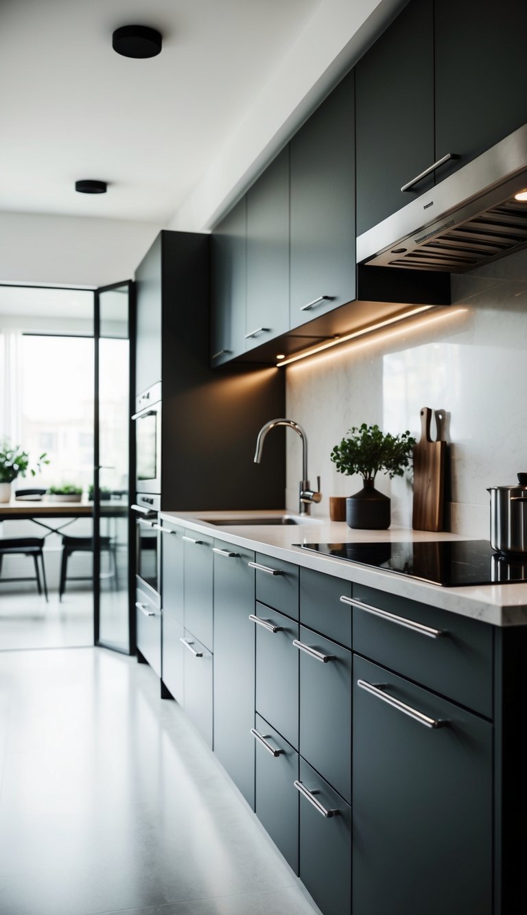 A modern kitchen with sleek metal cabinet handles and industrial accents