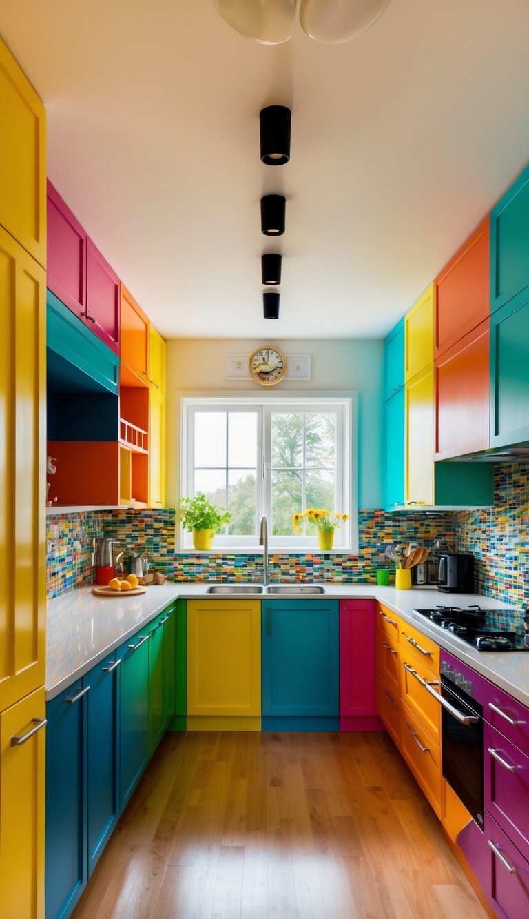 A bright, modern kitchen with 22 unique and colorful cabinets, creating a vibrant and lively atmosphere