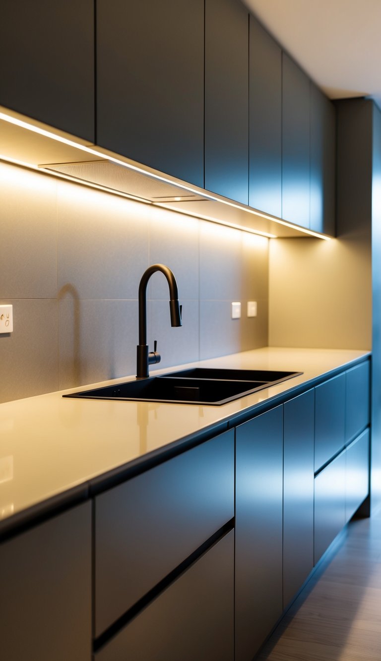 A modern kitchen with under-cabinet lighting illuminating sleek cabinets and countertops