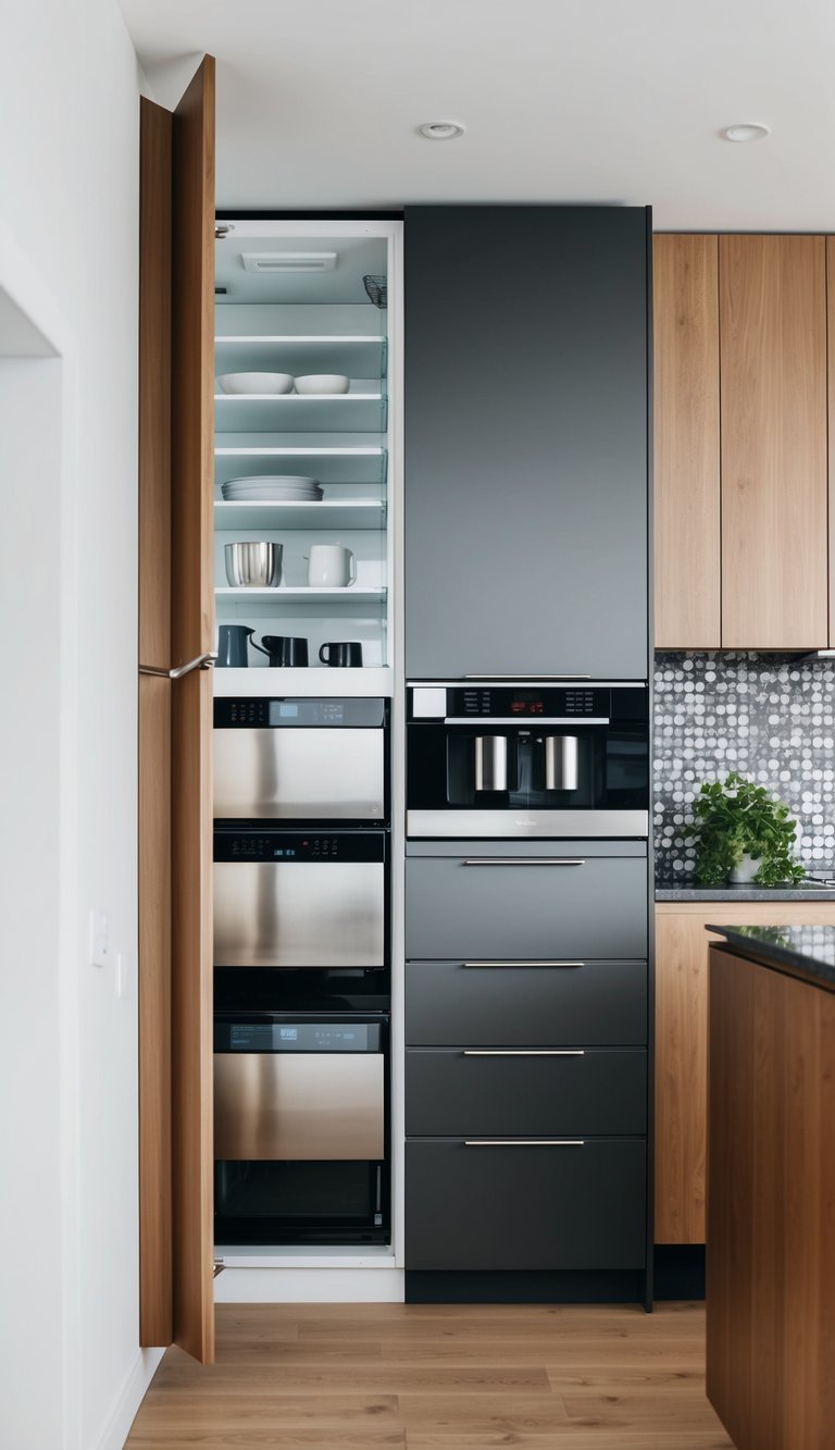 A sleek, modern kitchen with hidden appliances behind seamless cabinet doors