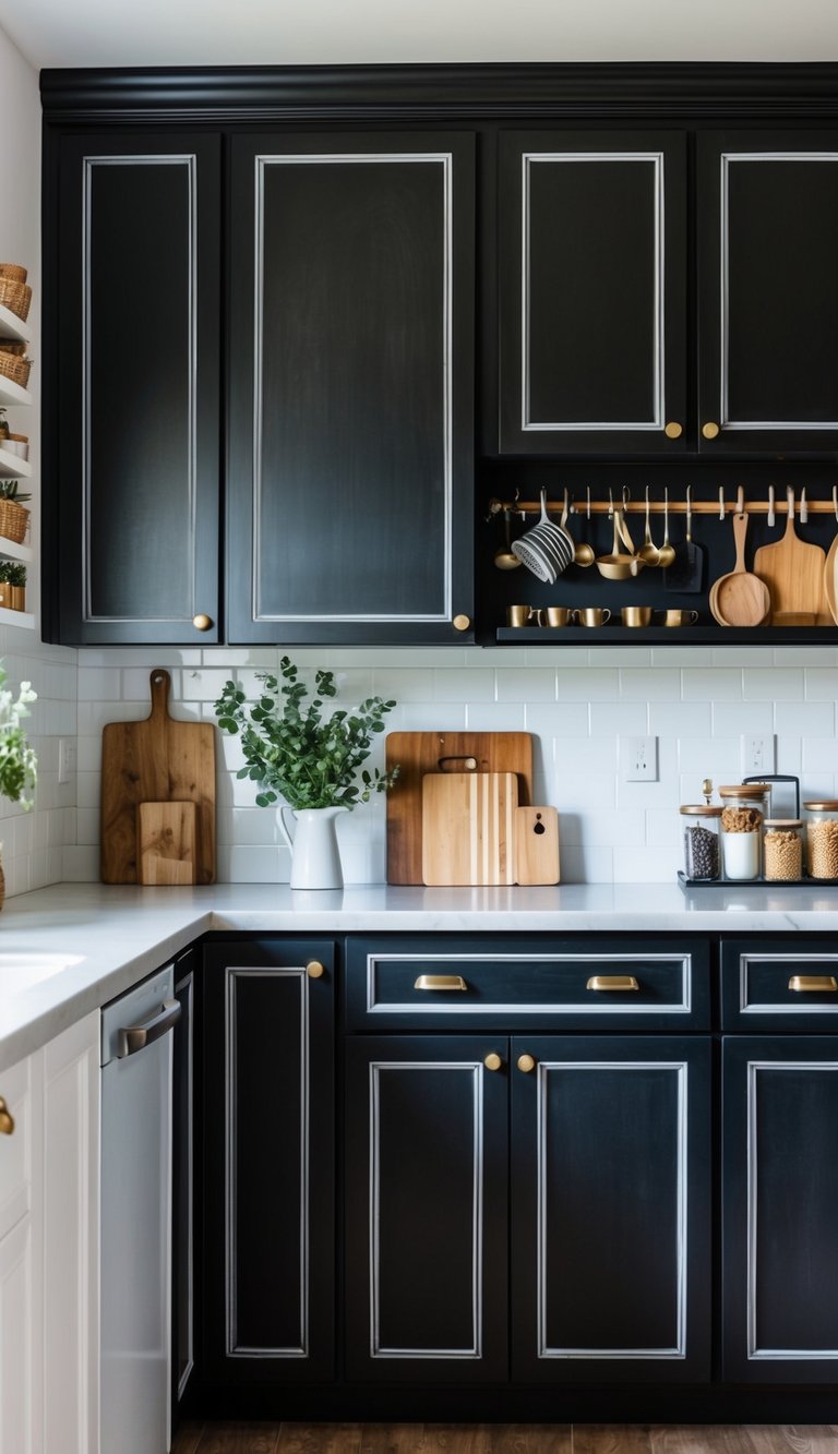 A kitchen with 22 cabinets painted with chalkboard finish, displaying various creative designs and organization