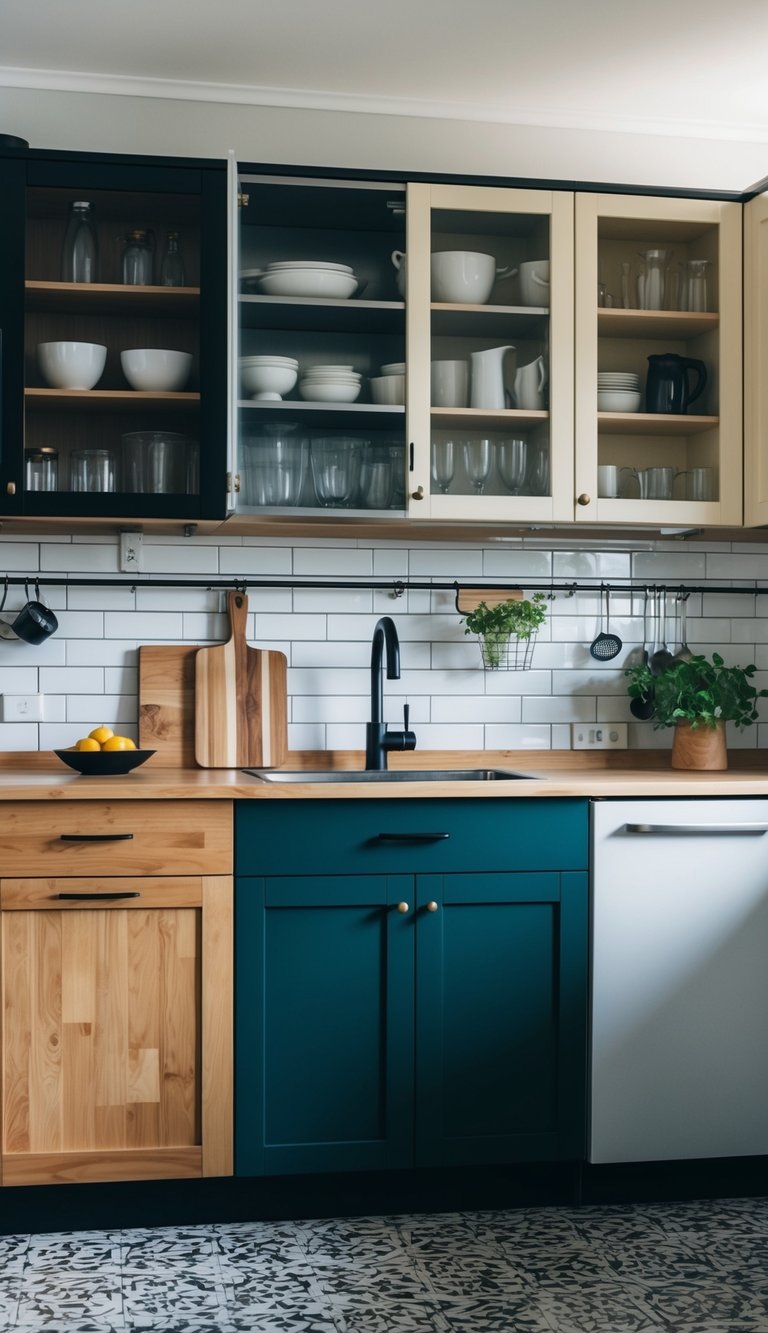A kitchen cabinet with various materials, such as wood, glass, and metal, arranged in a mix-and-match style