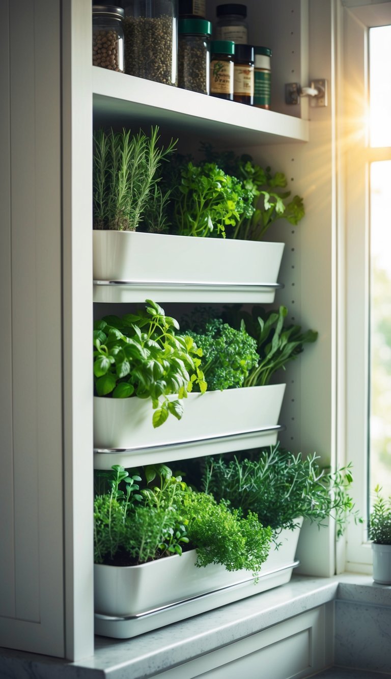 A kitchen cabinet filled with an array of herbs, neatly organized in a tiered planter. Sunlight streams in through the window, casting a warm glow on the vibrant greenery
