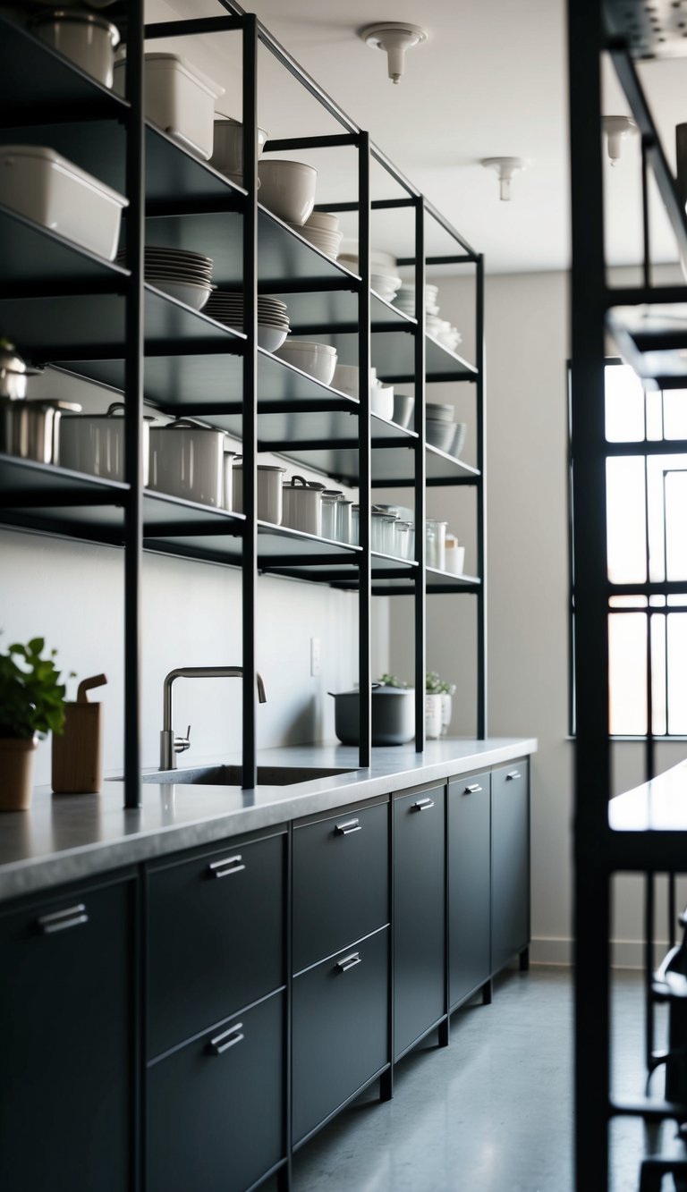 Industrial steel shelves filled with kitchen cabinets in a modern, minimalist setting