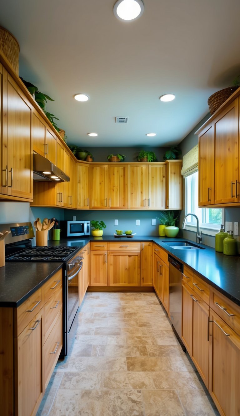 A modern kitchen filled with bamboo cabinets and countertops, showcasing various eco-friendly design ideas