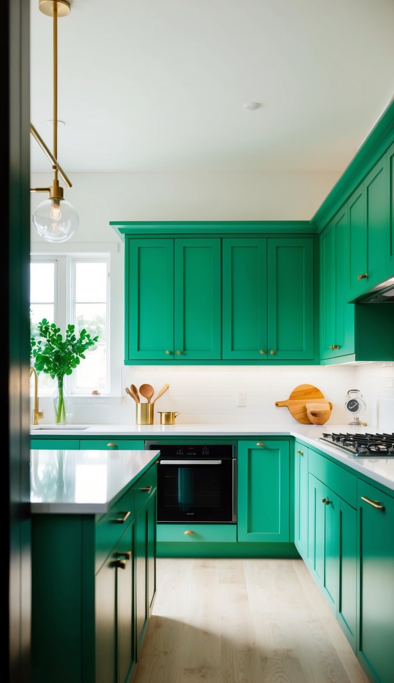 A modern kitchen with 21 green cabinets, featuring a minty fresh coat of paint and sleek, contemporary design