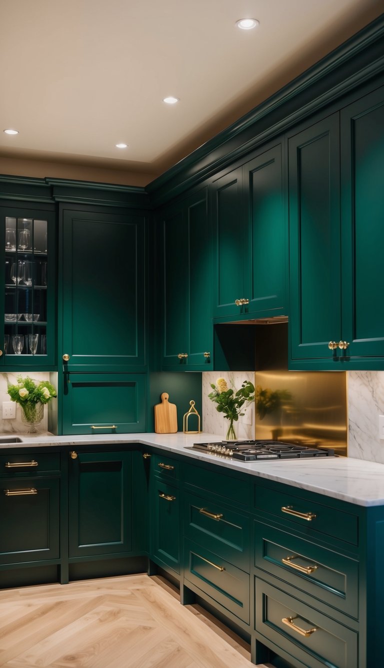 A luxurious kitchen with dark emerald and gold-handled green cabinets