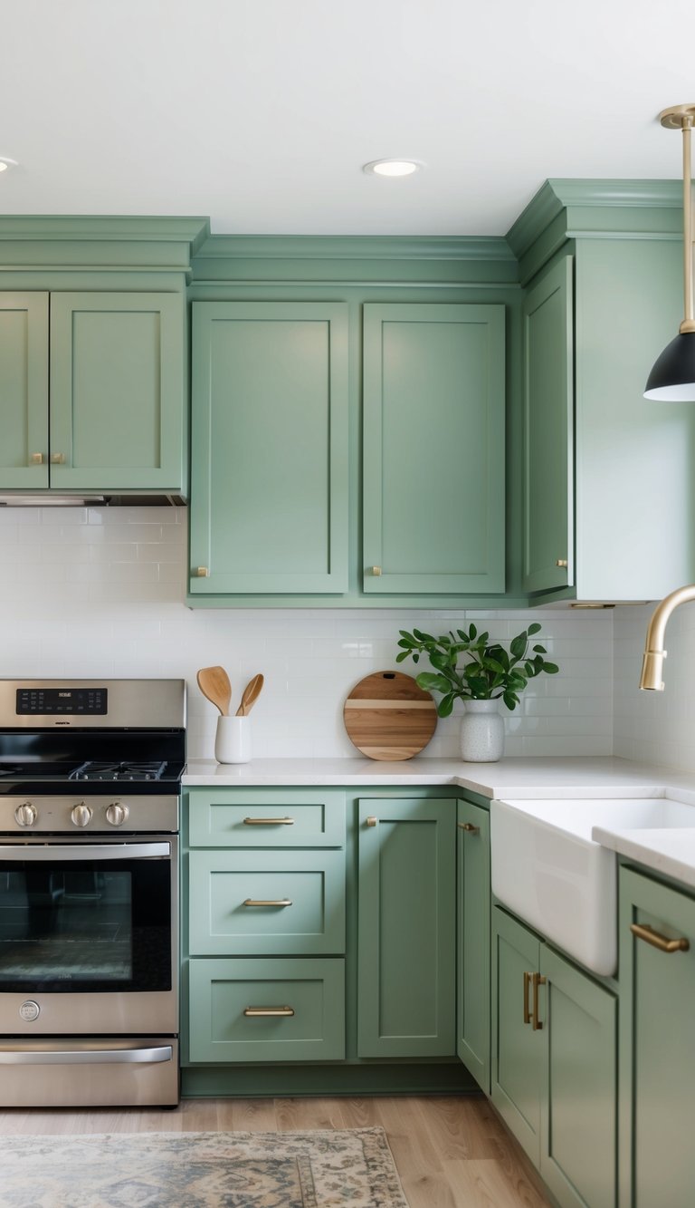 A modern kitchen with sage green shaker cabinets, sleek countertops, and stylish hardware