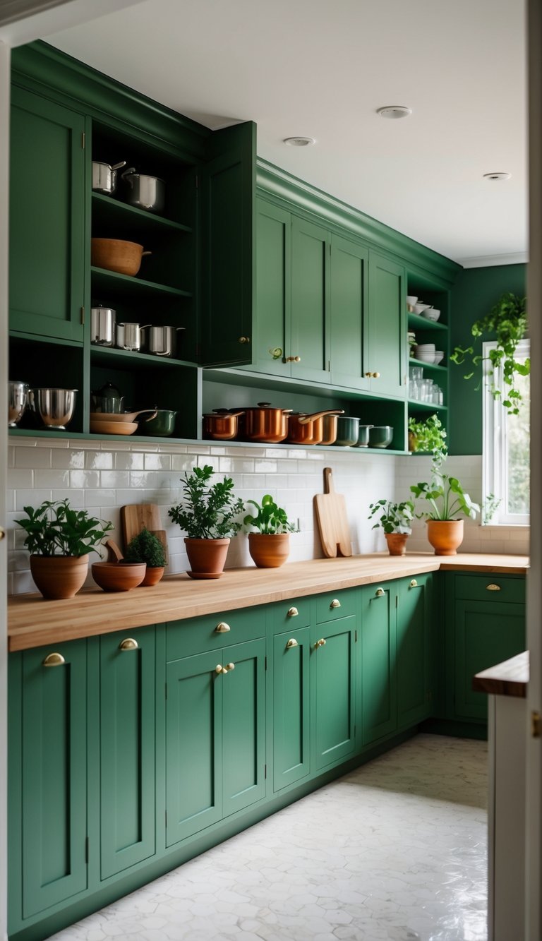 A kitchen with moss green cabinets and open shelves, filled with cookware and plants
