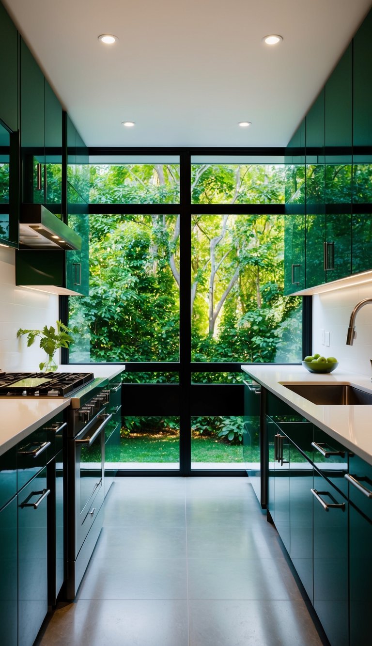 A modern kitchen with 21 glossy forest green cabinets, sleek countertops, and stainless steel appliances set against a backdrop of lush greenery through the window
