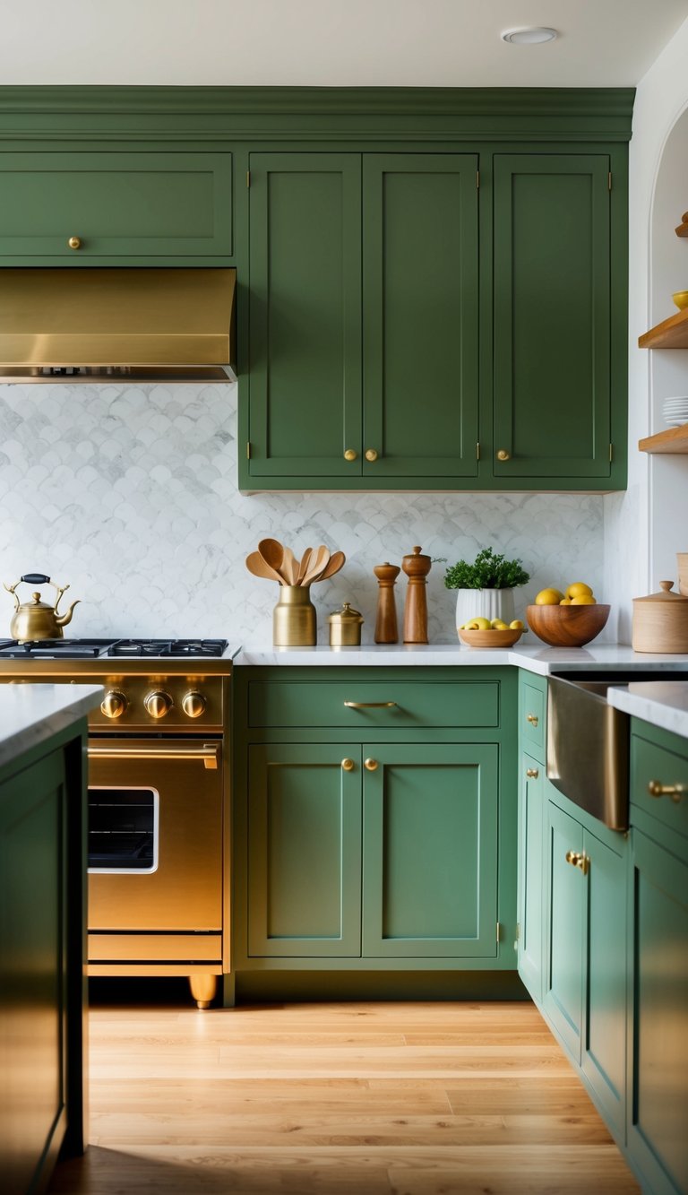 An olive green kitchen with brass fixtures and 21 cabinets