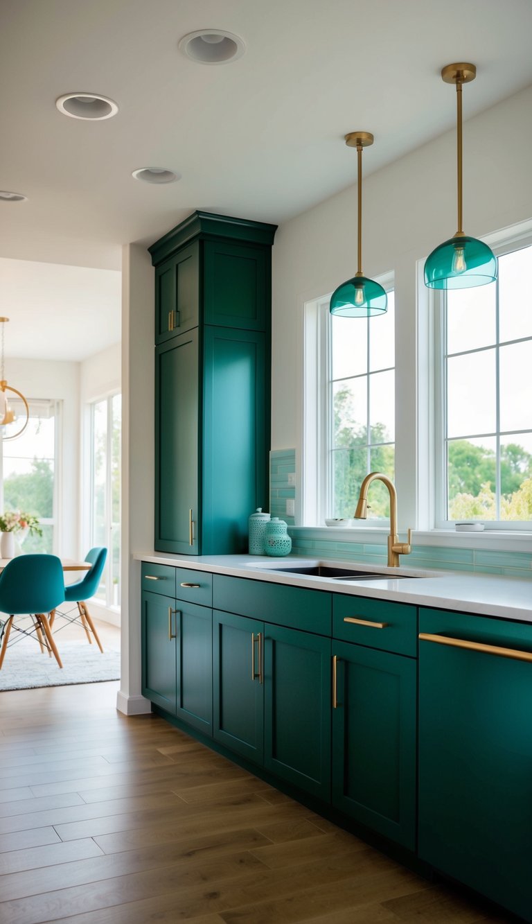 Dark green kitchen cabinets with teal accents, set against a backdrop of a modern kitchen with natural light streaming in through large windows