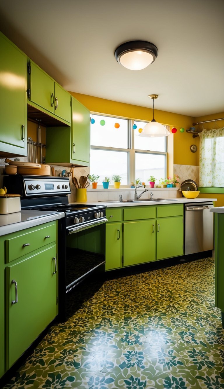 A retro kitchen with avocado green cabinets, vintage appliances, and patterned linoleum flooring