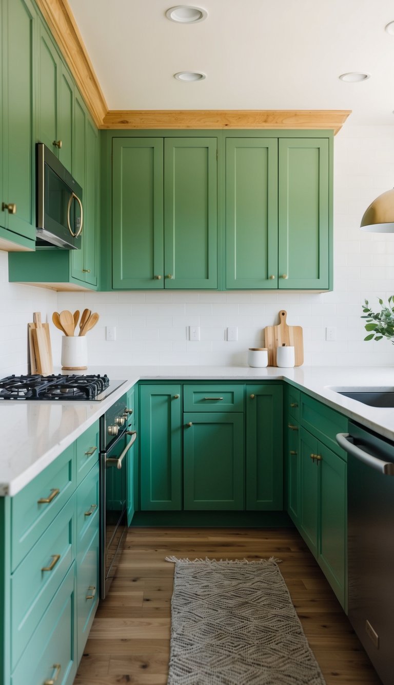 A modern kitchen with 21 green cabinets featuring pistachio-colored wooden trims
