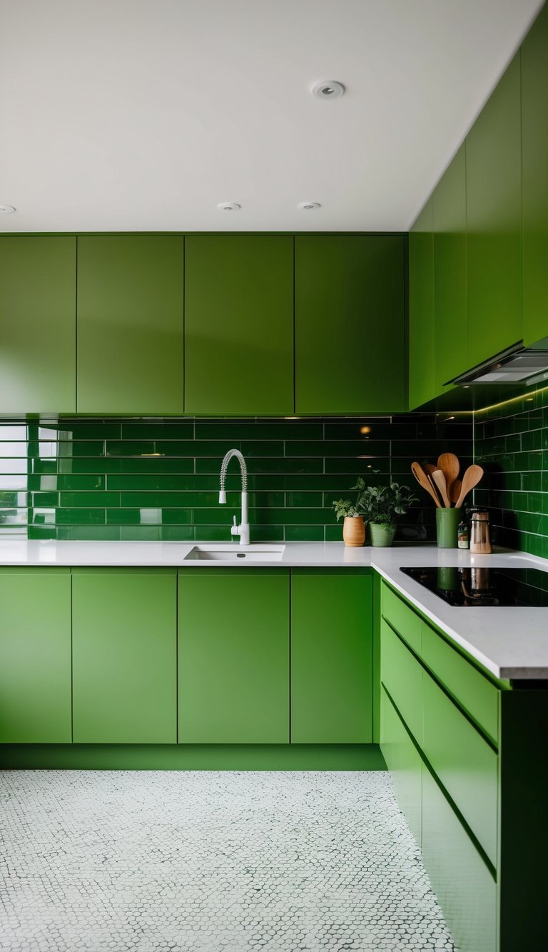 A modern kitchen with lime green splashback and 21 green cabinets
