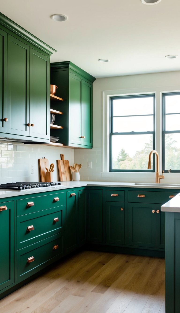 A modern kitchen with hunter green cabinets and copper hardware. Bright and spacious with natural light streaming in through large windows