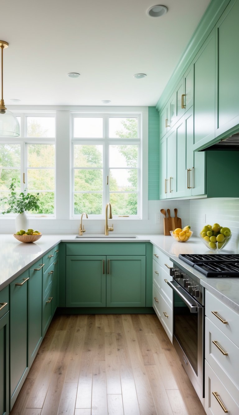 A modern kitchen with seafoam green and white cabinets, sleek countertops, and natural light streaming in through large windows