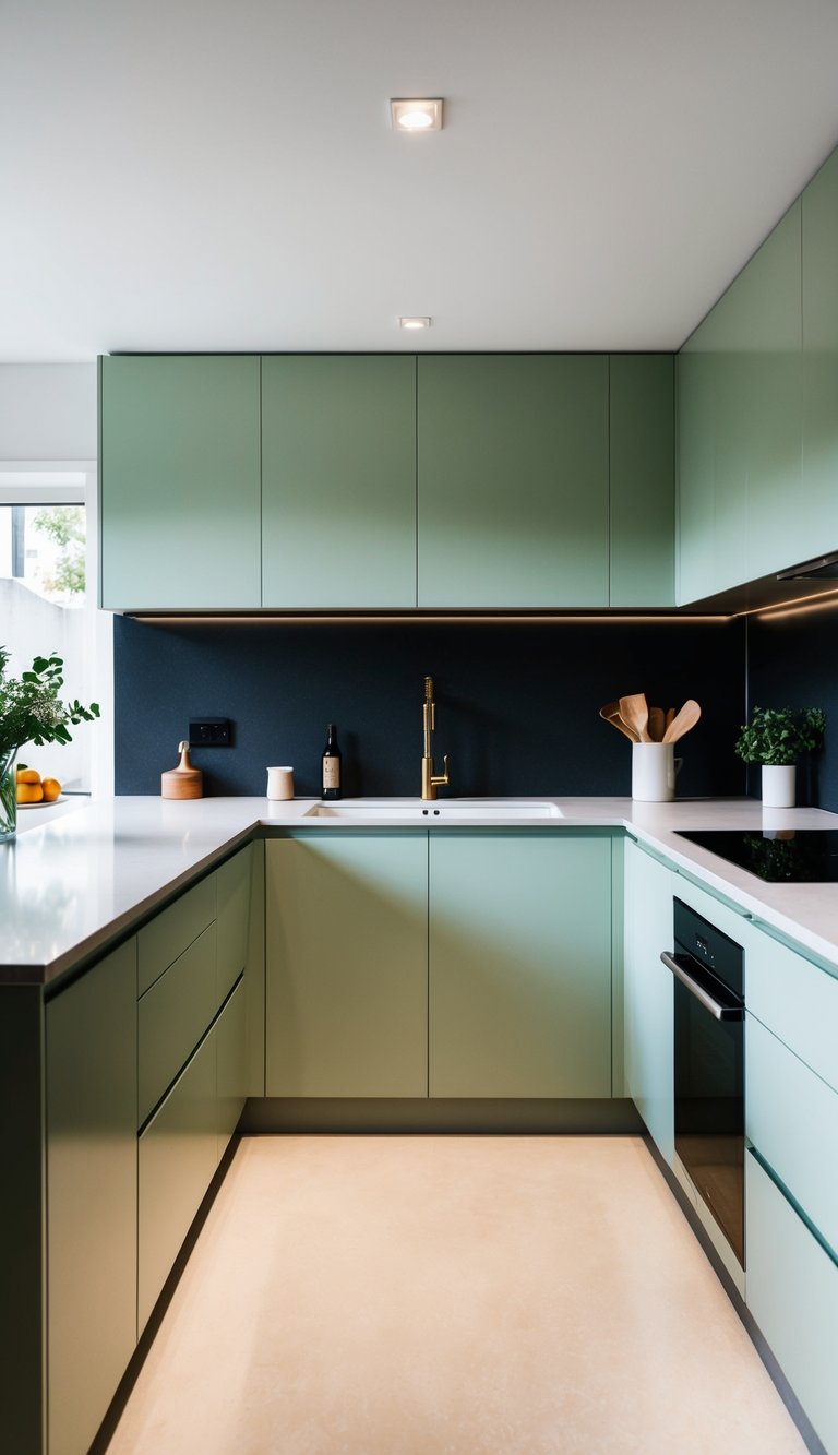 A modern kitchen with pale green minimalist cabinets and sleek design