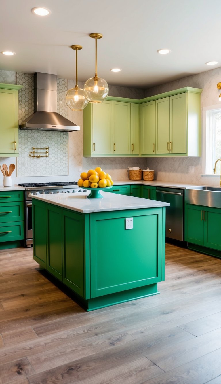 A modern kitchen with chartreuse statement island and 21 green cabinets