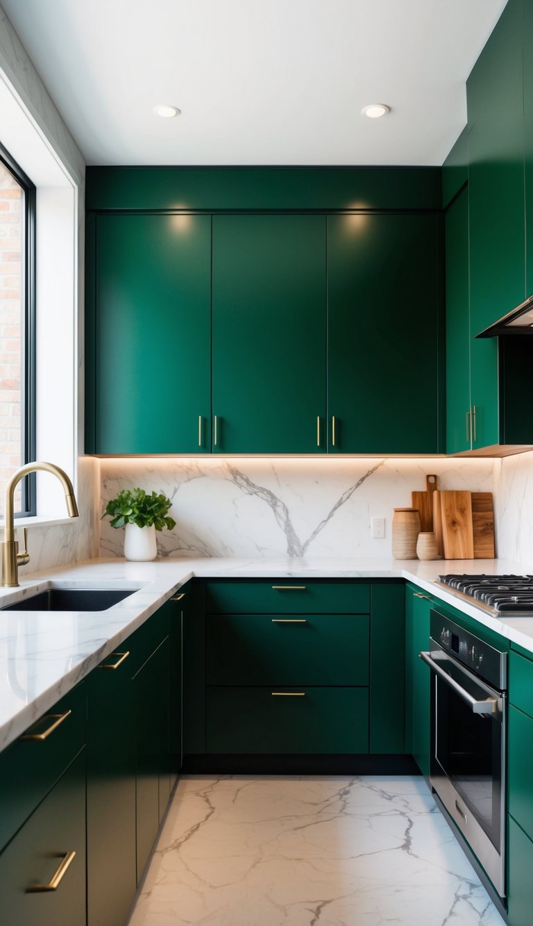 A modern kitchen with sleek, kelly green cabinets paired with marble countertops and backsplash