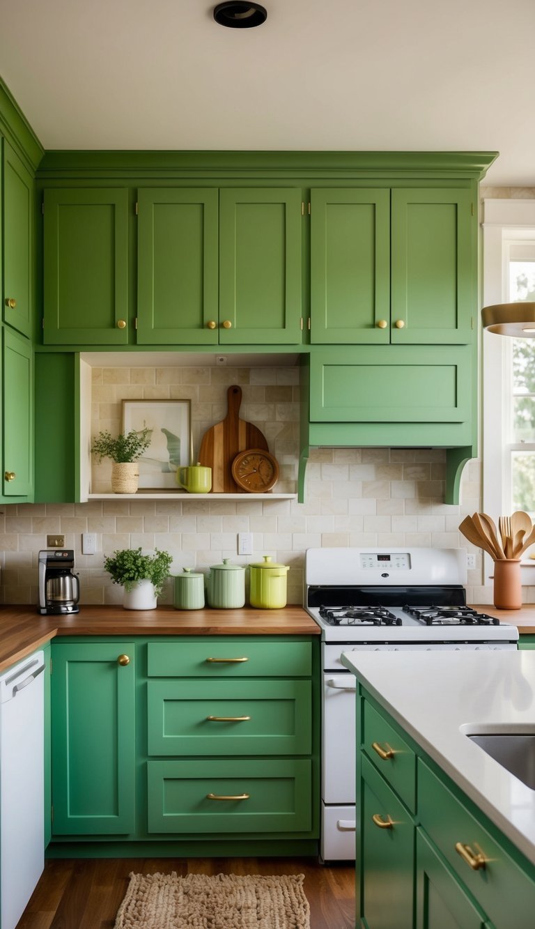 A kitchen with 21 retro grass green cabinets, showcasing various styles and finishes