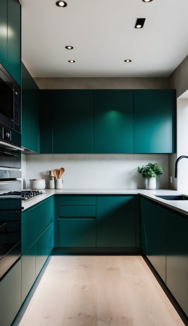 A modern kitchen with deep jade green cabinets and sleek, minimalist hardware