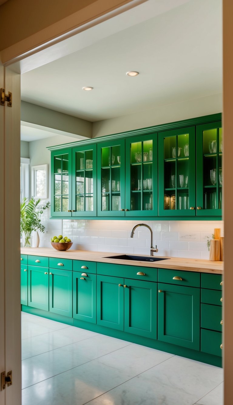 A modern kitchen with emerald glass cabinet doors, showcasing 21 green cabinets in various shades, creating a vibrant and stylish atmosphere