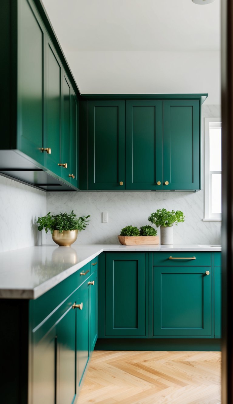 A modern kitchen with 21 spruce green cabinets, featuring a matte finish and sleek design
