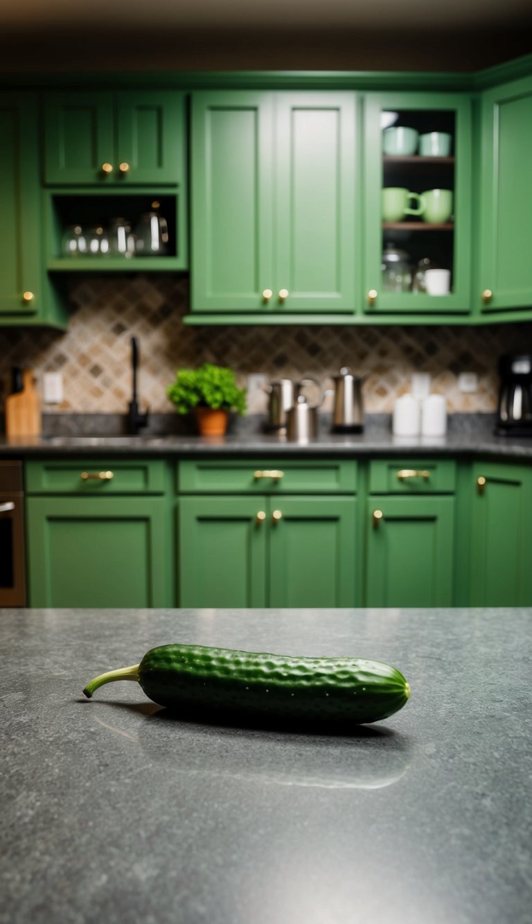 A green cucumber sits on a stone counter surrounded by 21 green kitchen cabinets