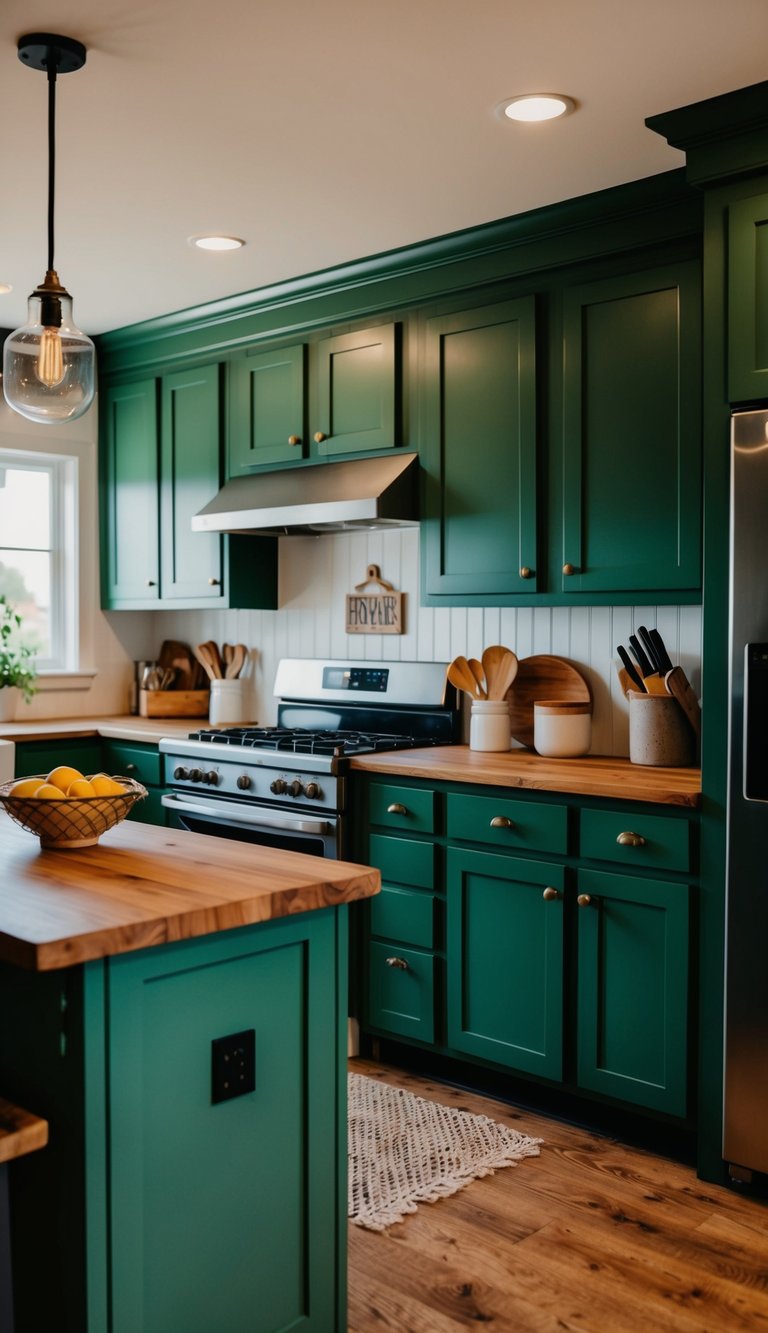 A farmhouse kitchen with 21 green cabinets, wooden countertops, and rustic decor