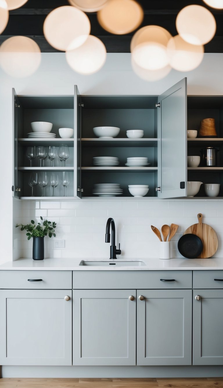 A modern kitchen with open shelving, featuring 21 light gray cabinets creating a striking contrast against a white backdrop