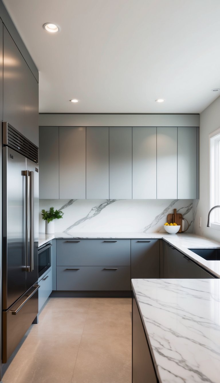 A sleek, modern kitchen with light gray cabinets, two-tone elegance, and minimalist design. Stainless steel appliances and marble countertops complete the sophisticated look