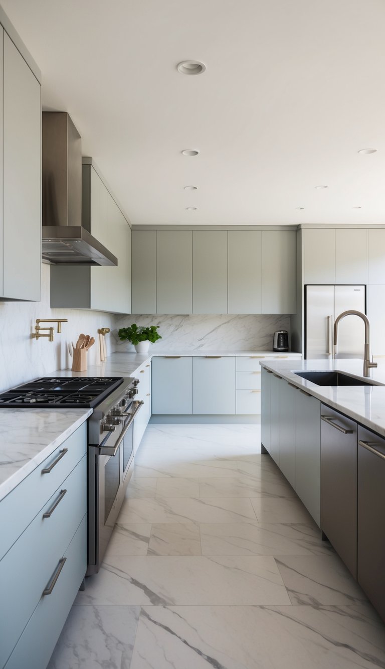 A spacious, light-filled kitchen with sleek, minimalist light gray cabinets, marble countertops, and high-end stainless steel appliances