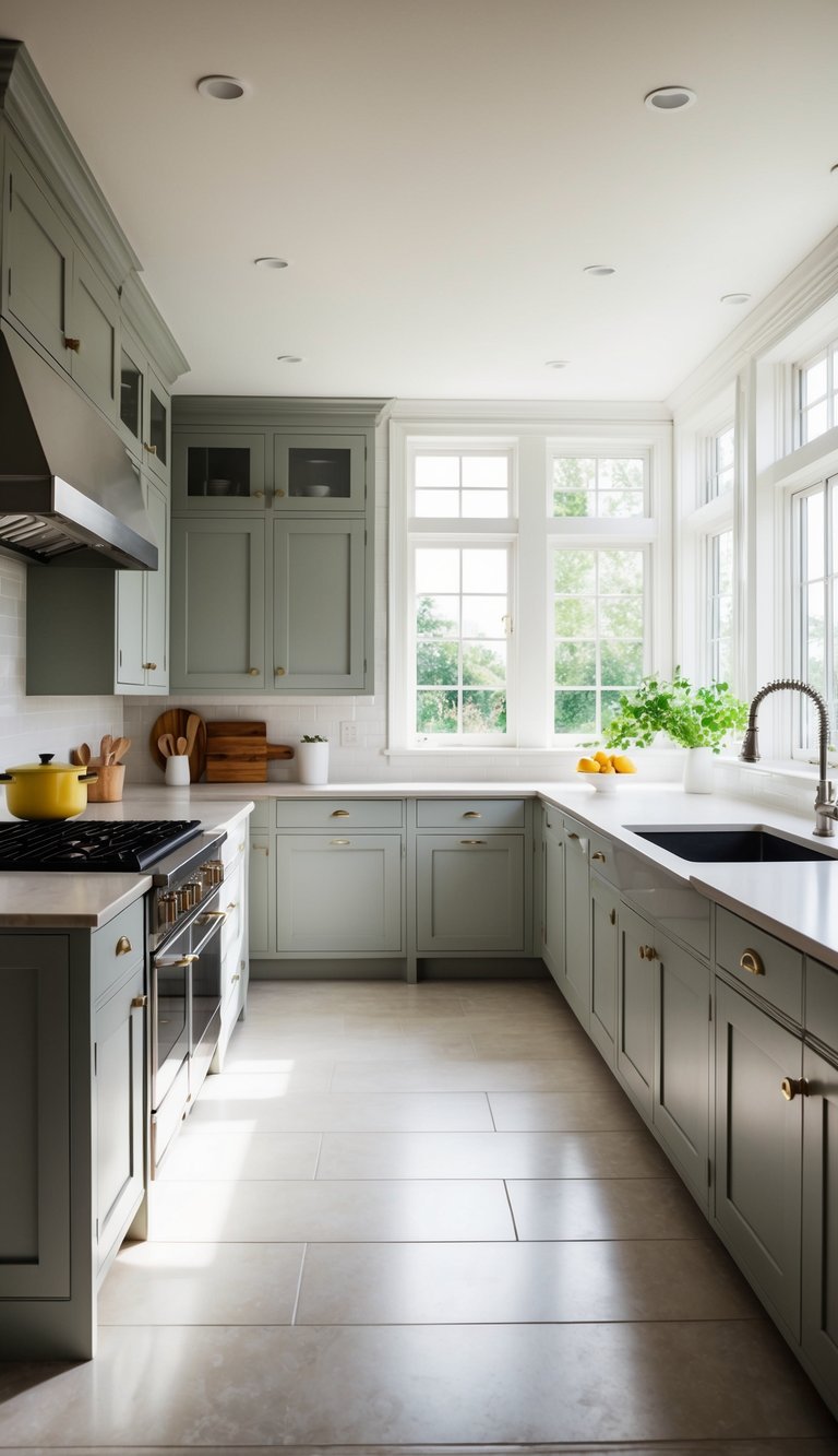 A spacious kitchen with light gray cabinets, flooded with natural light from large windows, creating a bright and airy atmosphere