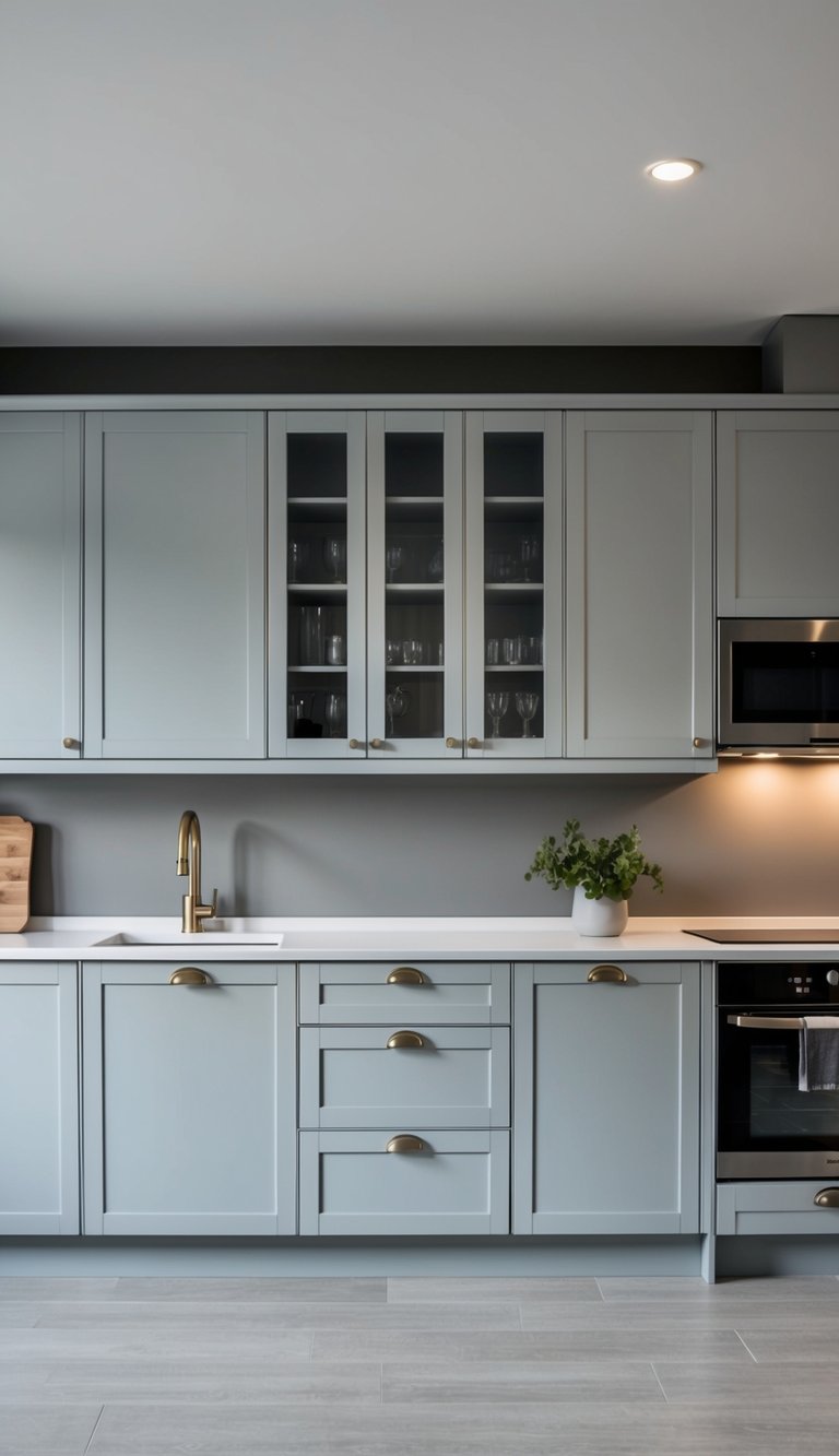 A modern kitchen with 21 light gray cabinets featuring glass-front accents, sleek hardware, and a minimalist design