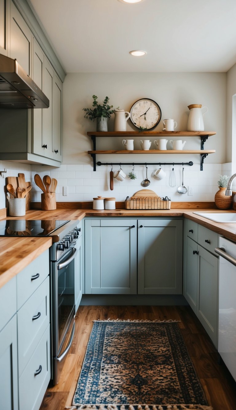 A cozy kitchen with light gray cabinets, wooden countertops, and rustic decor