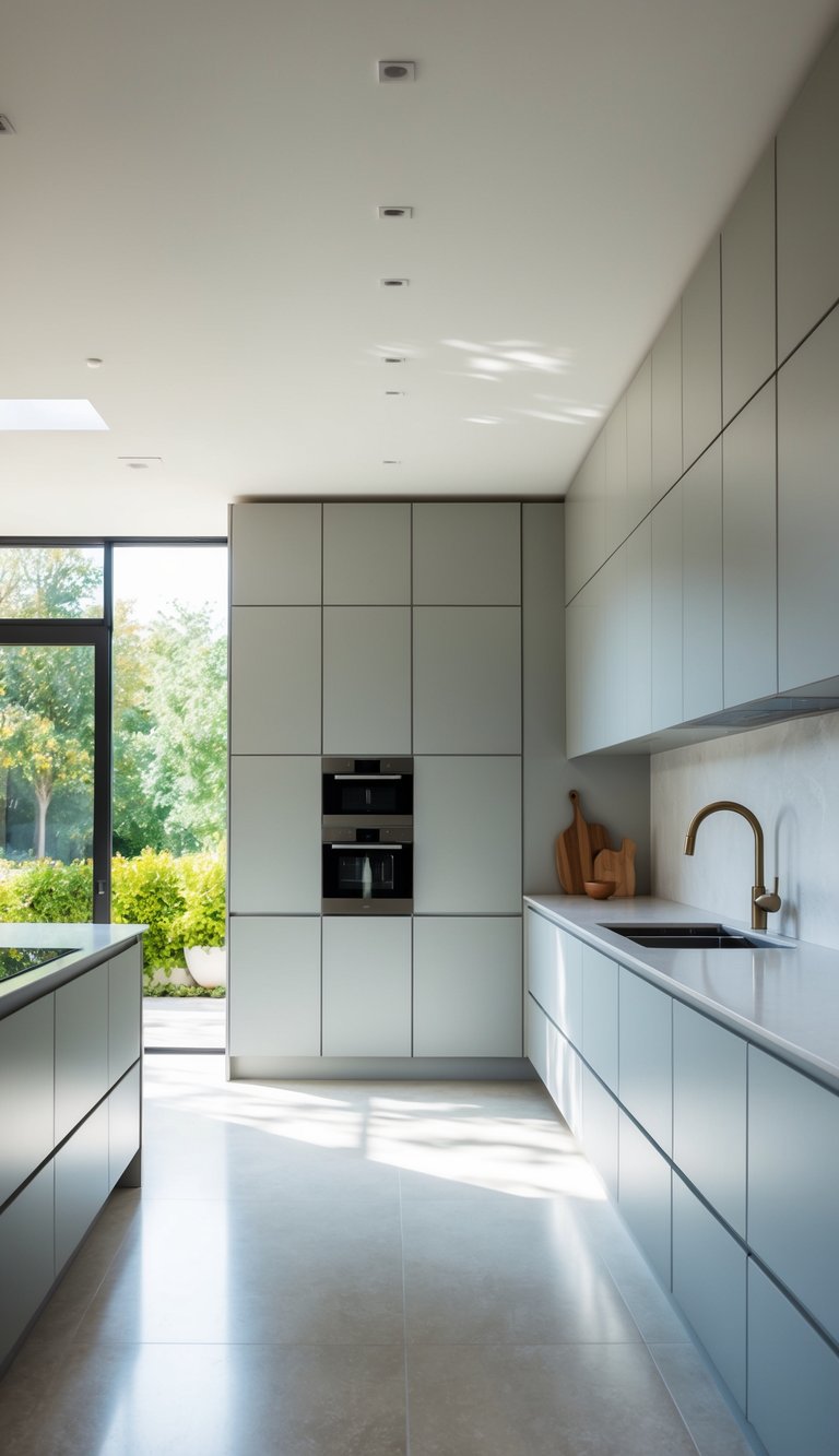 A spacious, modern kitchen with 21 sleek, light gray cabinets, bathed in serene natural light