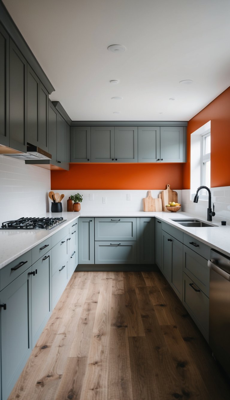 A modern kitchen with a bold accent wall and 21 light gray cabinets