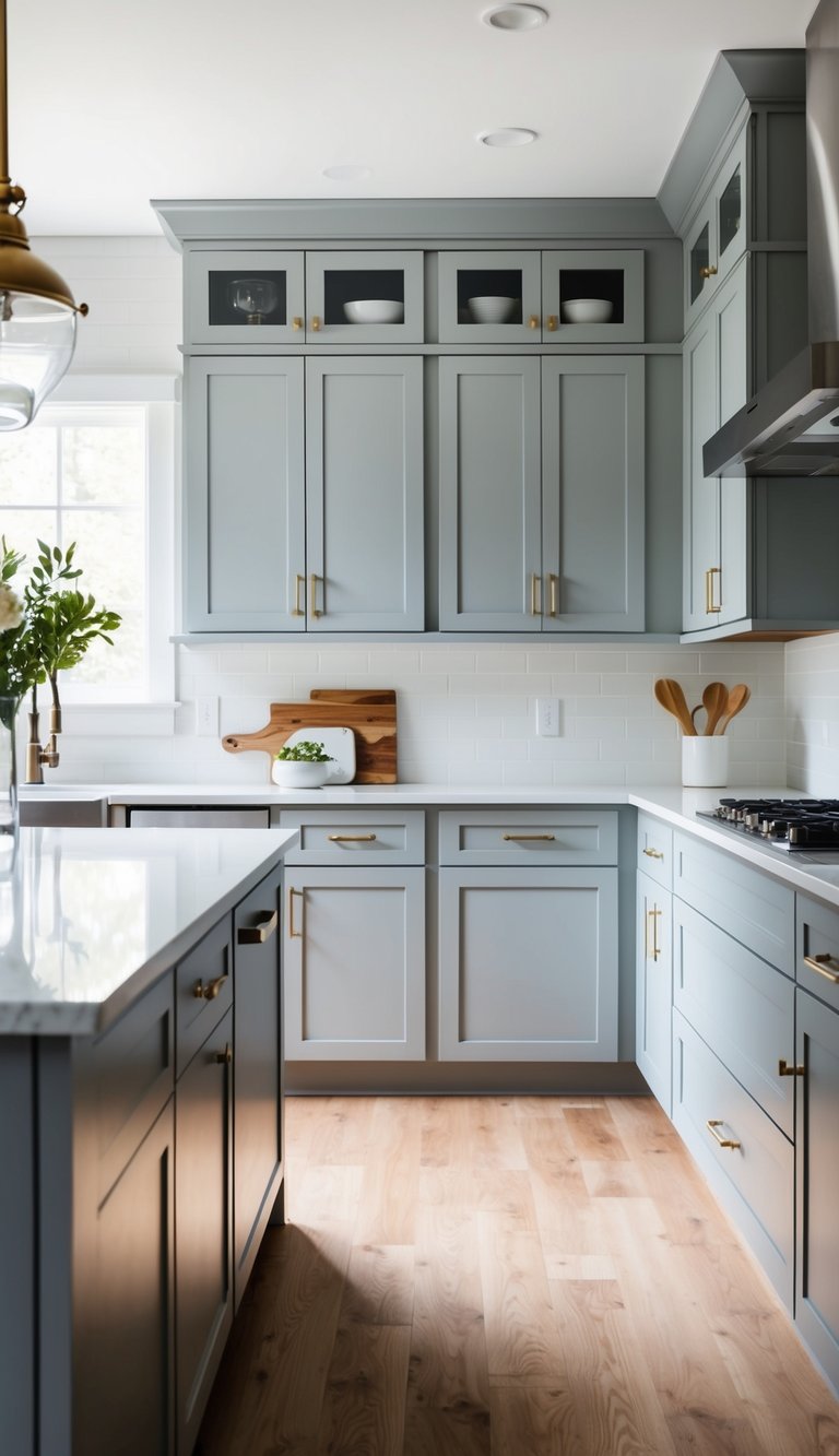 A modern kitchen with 21 light gray shaker-style cabinets, clean lines, and subtle hardware