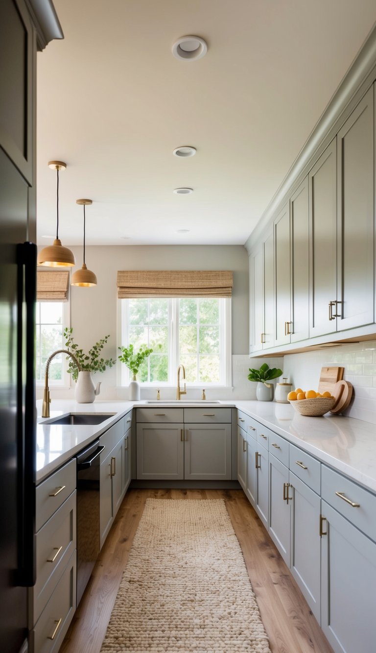 A spacious kitchen with 21 light gray cabinets, natural light, and neutral decor