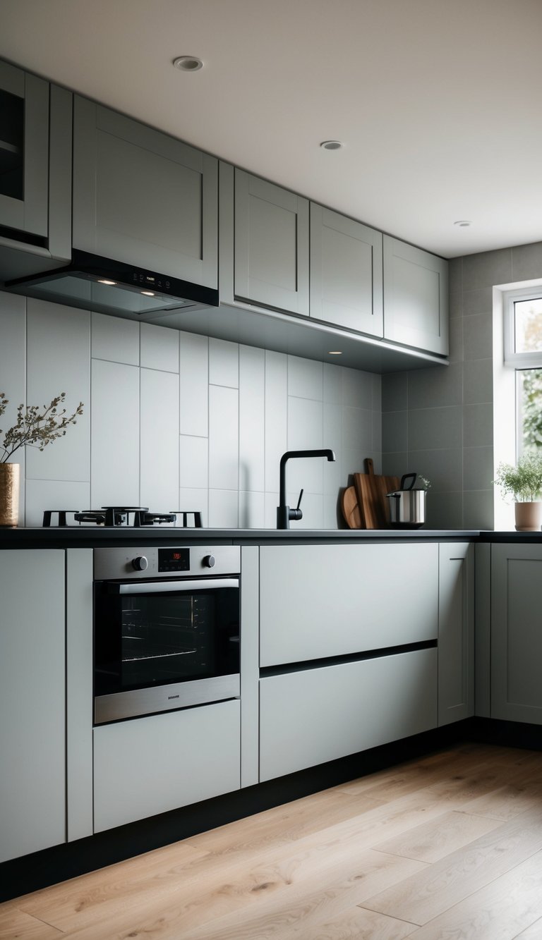 A modern kitchen with 21 light gray cabinets and integrated appliances