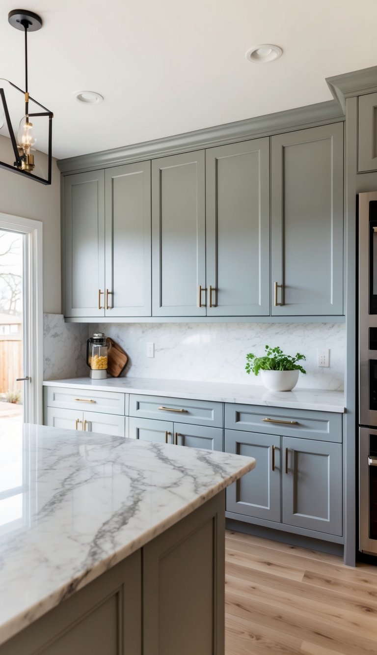 Light gray kitchen cabinets contrast against soft marble countertops in a modern kitchen