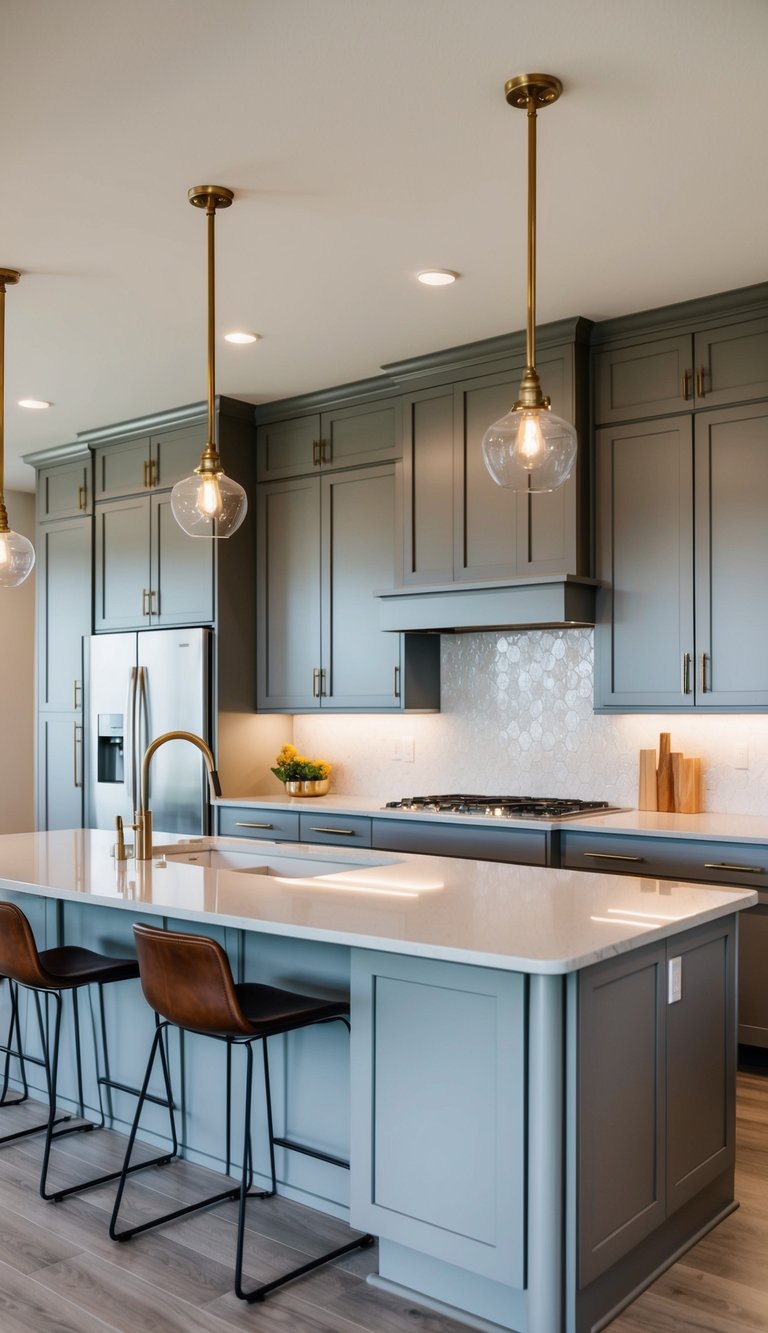 A modern kitchen with 21 light gray cabinets, sleek countertops, and chic island