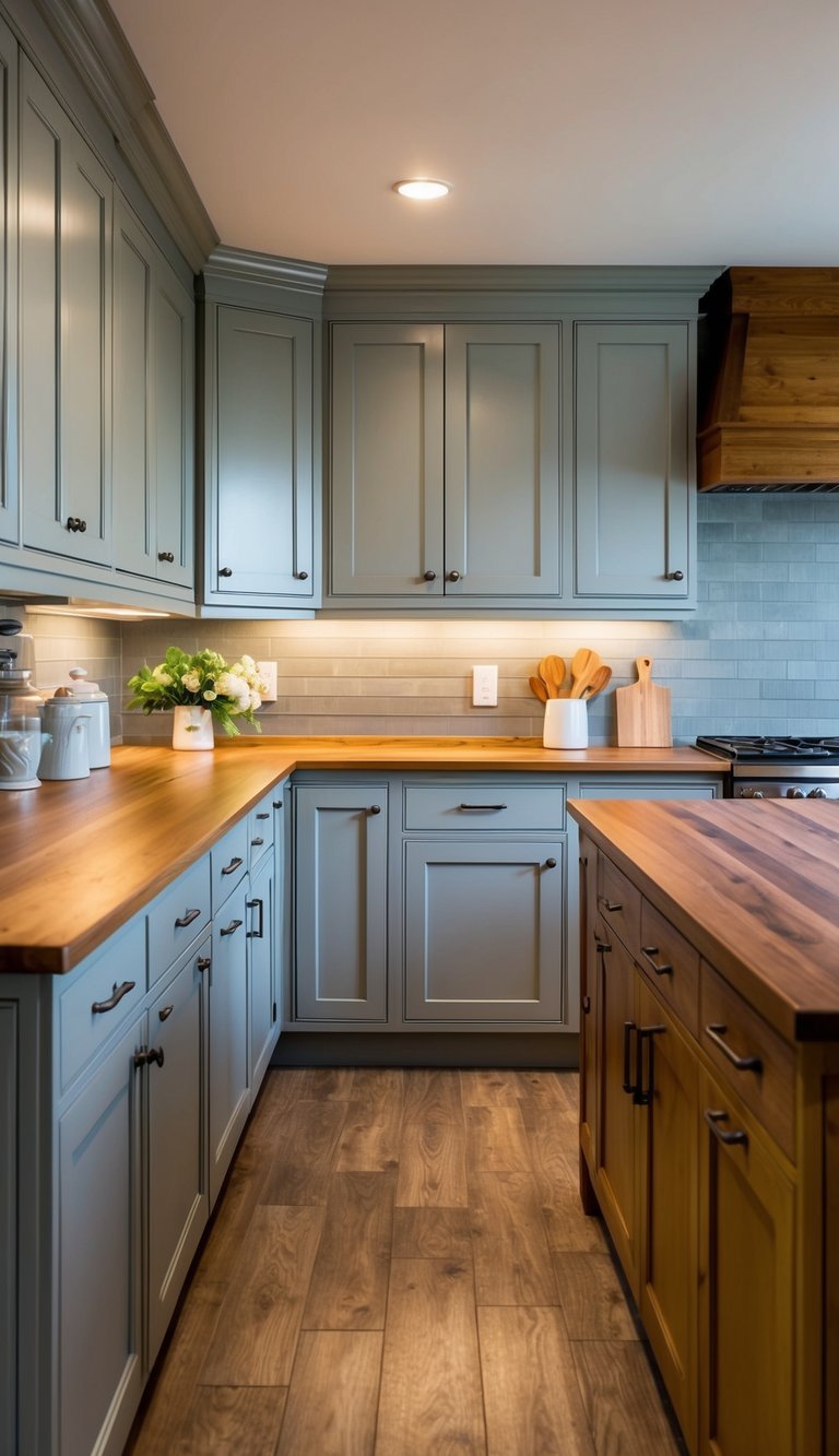 A cozy kitchen with light gray cabinets, warm wood countertops, and a combination of wood and gray tones in the decor