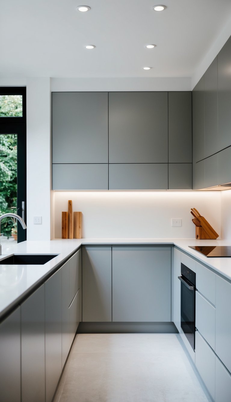 A modern kitchen with light gray cabinets, sleek lines, and minimalistic hardware