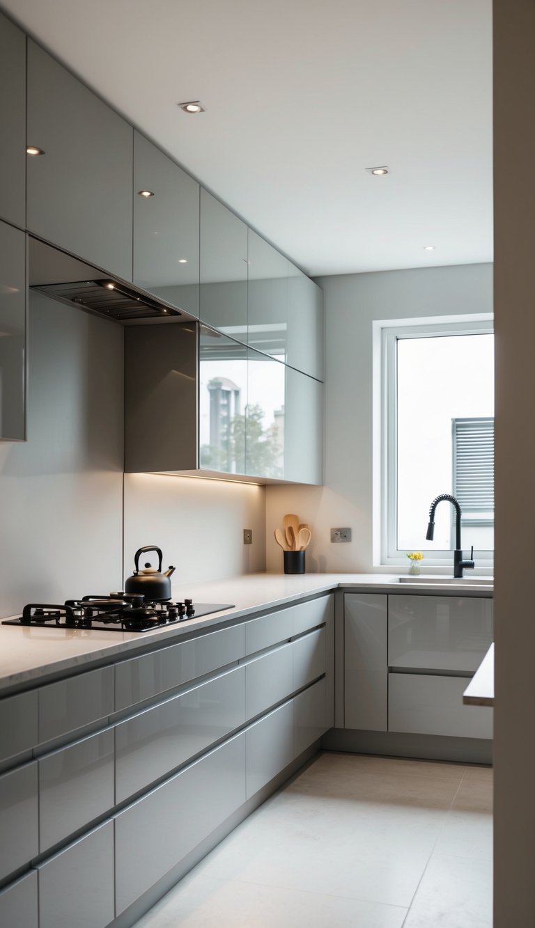 A modern kitchen with light gray glossy cabinets, sleek countertops, and minimalistic hardware