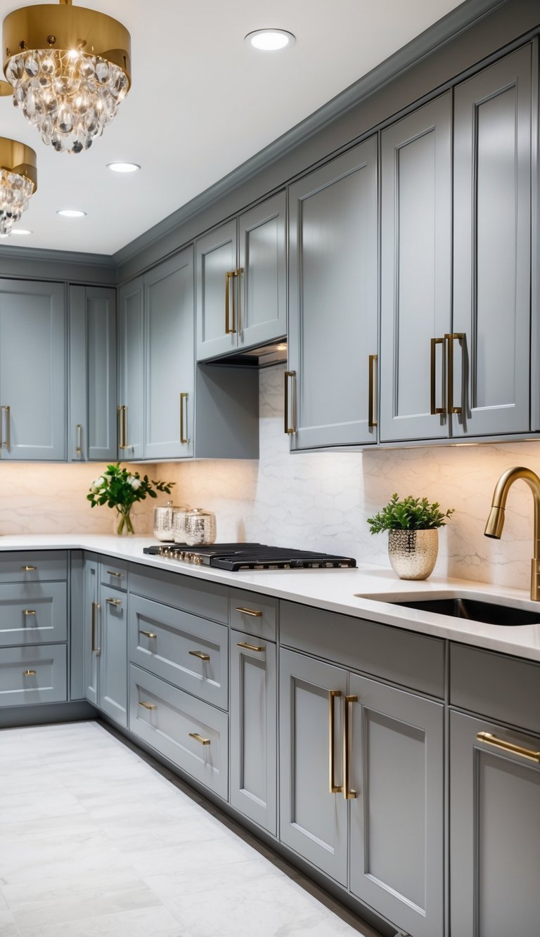 A modern kitchen with light gray cabinets, sleek hardware, and glamorous accents like crystal knobs and metallic pendant lights