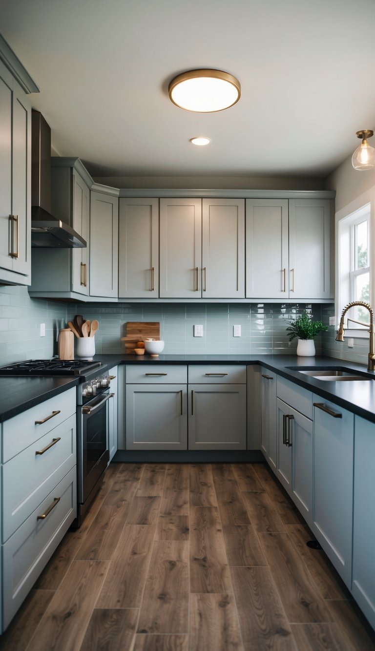 A modern kitchen with 21 light gray cabinets in a functional flow layout
