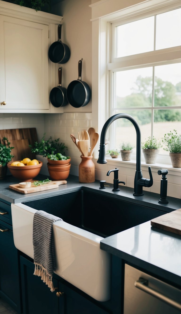 Farmhouse sink surrounded by rustic kitchen elements and natural light