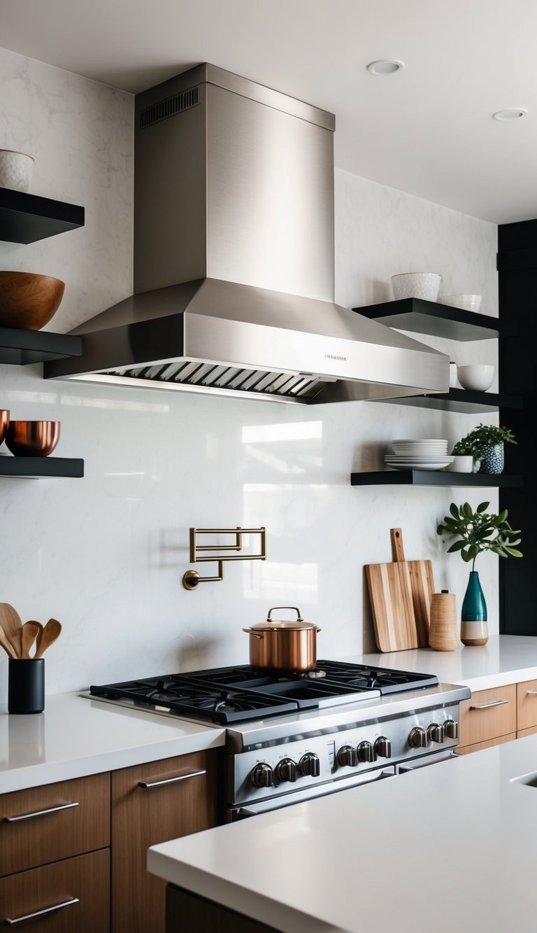 Modern kitchen anchored by a striking range hood with unique design elements